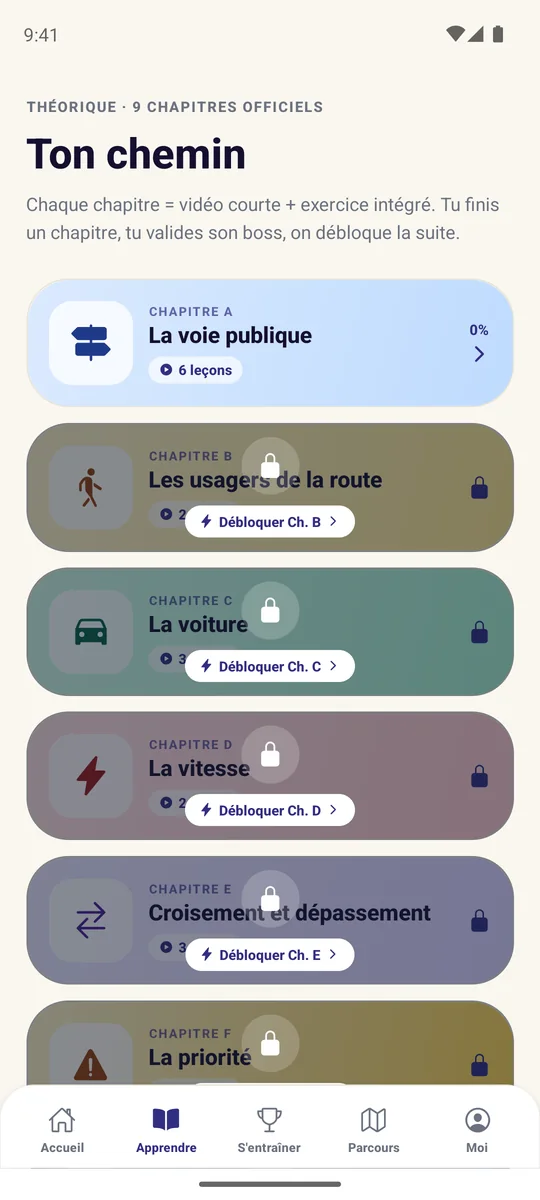 Les 9 chapitres dans l'app MaTheorie, le premier offert