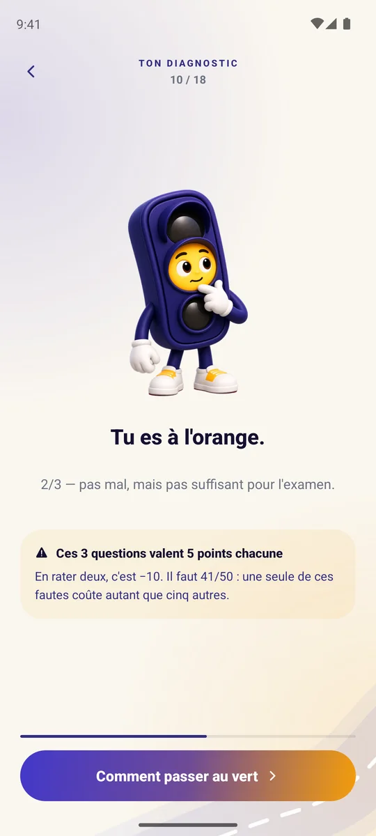 Le diagnostic de départ dans l'app MaTheorie