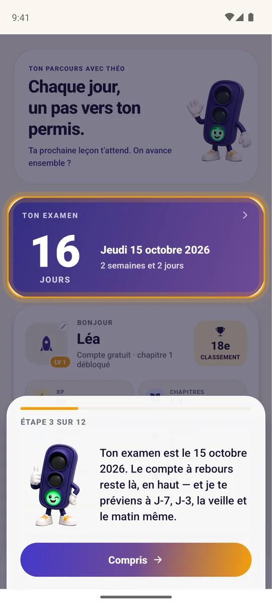 Le compte à rebours jusqu'à l'examen, sur l'accueil de l'app